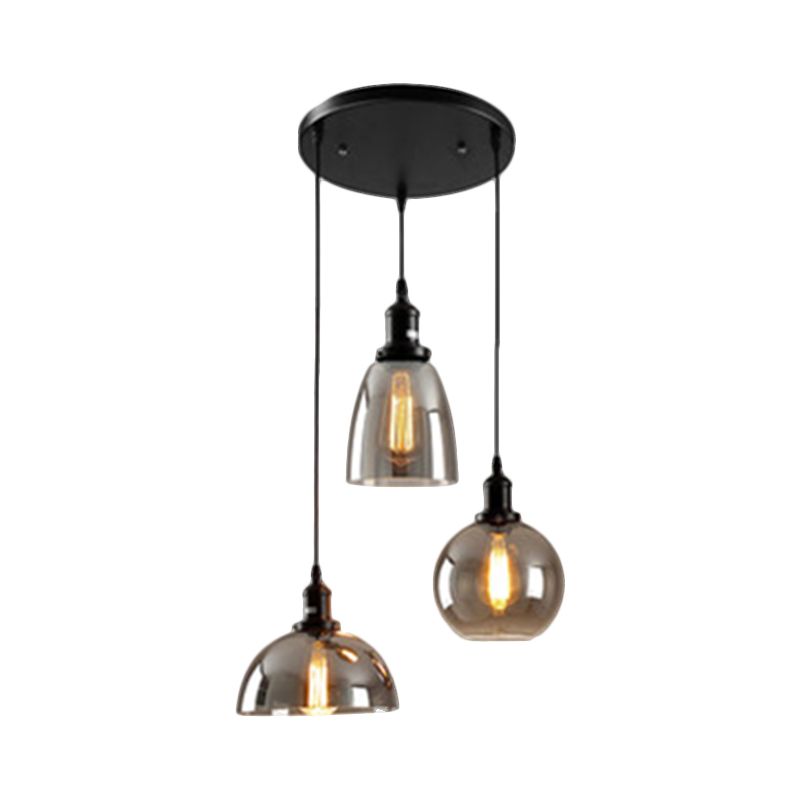 Luci 3/4 nere a sospeso a sospeso industriale Smoked Glass geometrico cluster cluster, baldacchino lineare/rotondo
