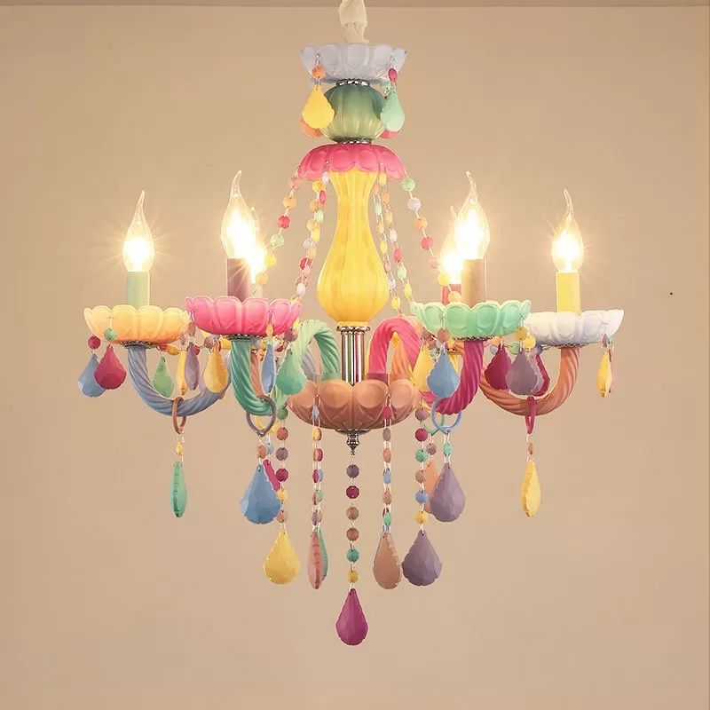 Kids Candle Pendant Light with Crystal Glass 6 Lights Multi-Color Chandelier for Child Bedroom