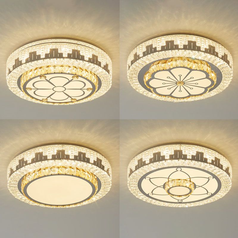 Silver Circular LED Flush Mount in Modern Luxury Style Wrought Iron Ceiling Light with Crystal Shade