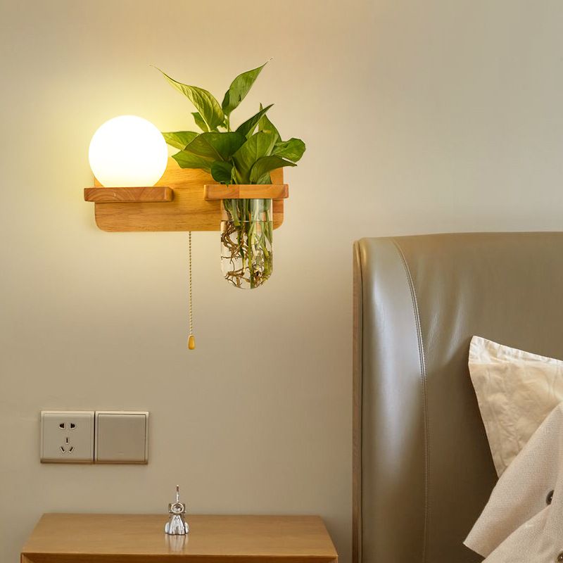 Modern Style Ball Shape Wall Light Wood 1 Light Sconces for Bedroom without Plant