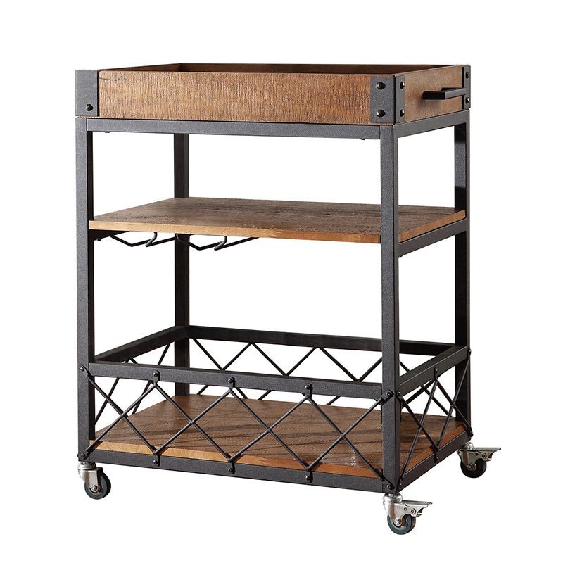 Modern Open Storage Kitchen Trolley Pine Wood Rolling Prep Table