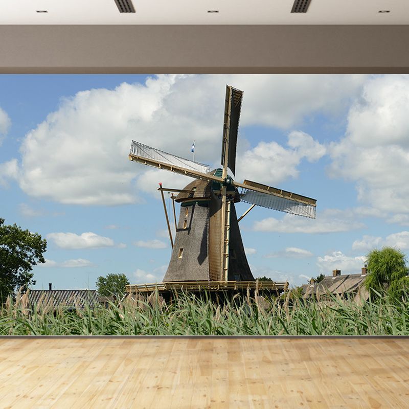 Living Room Wall Mural Wallpaper Small Town Windmill Mildew Resistant Wall Decor