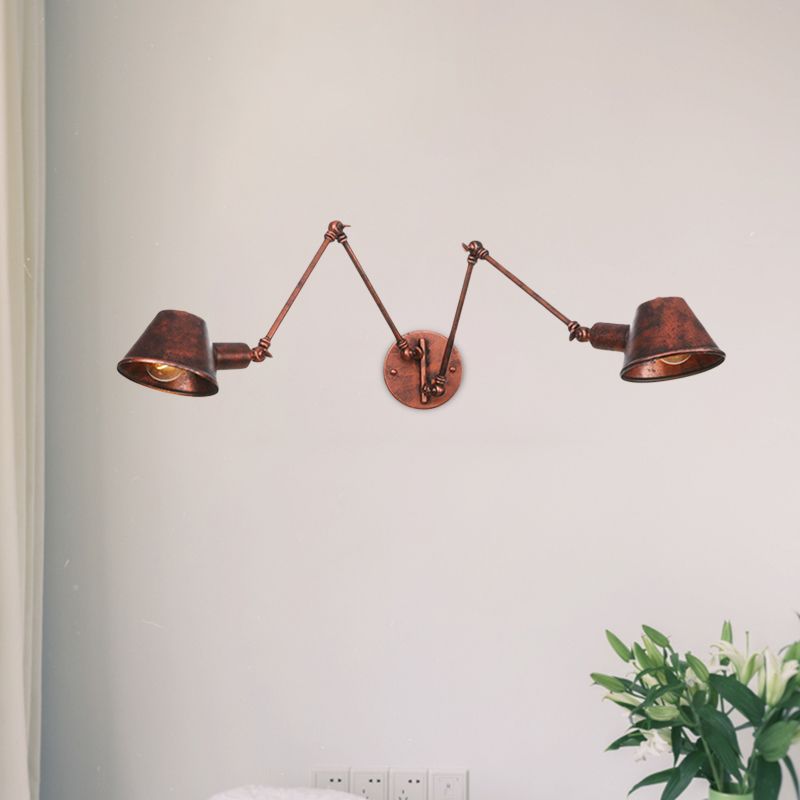 2/3 bollen Swing Arm Wall Light SCONCE industriële roestafwerking Metalen wand gemonteerd lamp met kegelschaduw