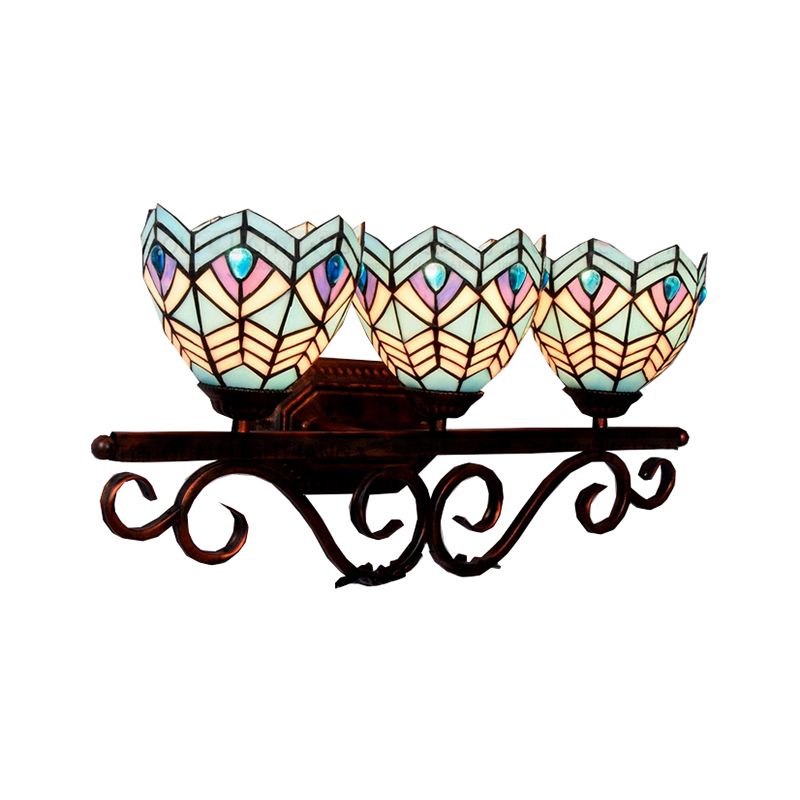 Stained Glass Peacock Wall Light 3 Lights Tiffany Classic Wall Sconce in Pink/Orange/Blue for Bedroom Lighting