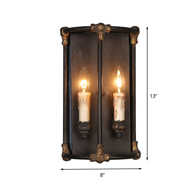 2 Lights Wall Lamp Lighting Country Candle Metal Sconce Light Fixture in Black with Frame