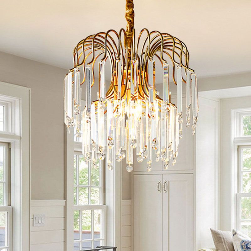 Rectangle-Cut Crystal Gold Hanging Chandelier Waterfall 3 Lights Vintage Down Lighting Pendant for Dining Room