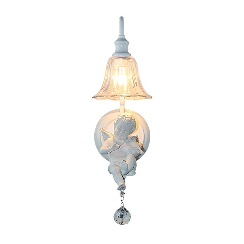 Cream Angel Wall Light Decorative 1-Head Resin Wall Mounted Lamp with Flower Clear Glass Shade and Crystal Orb