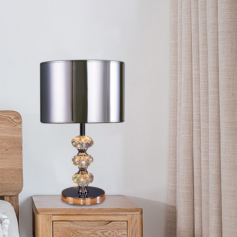 Traditional Barrel Nightstand Lighting 1-Light Fabric Reading Lamp in Black/Silver/Gold with Crystal Column