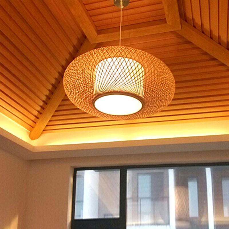 Asia Pendant Light Fixture Beige Lantern Suspension Pendant Light with Bamboo Shade