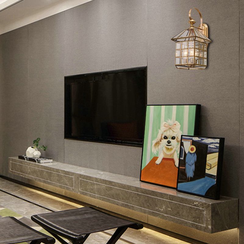 Traditional Geometric Sconce Light Fixture Brass 3-Bulb Metal Wall Lamp for Living Room