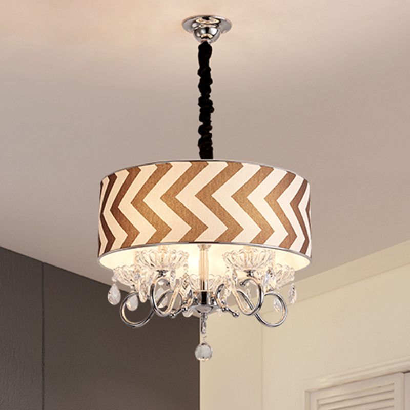Drum Beige Fabric Chandelier Lamp Traditional 5 Heads Bedroom Hanging Light Fixture with Crystal Drop
