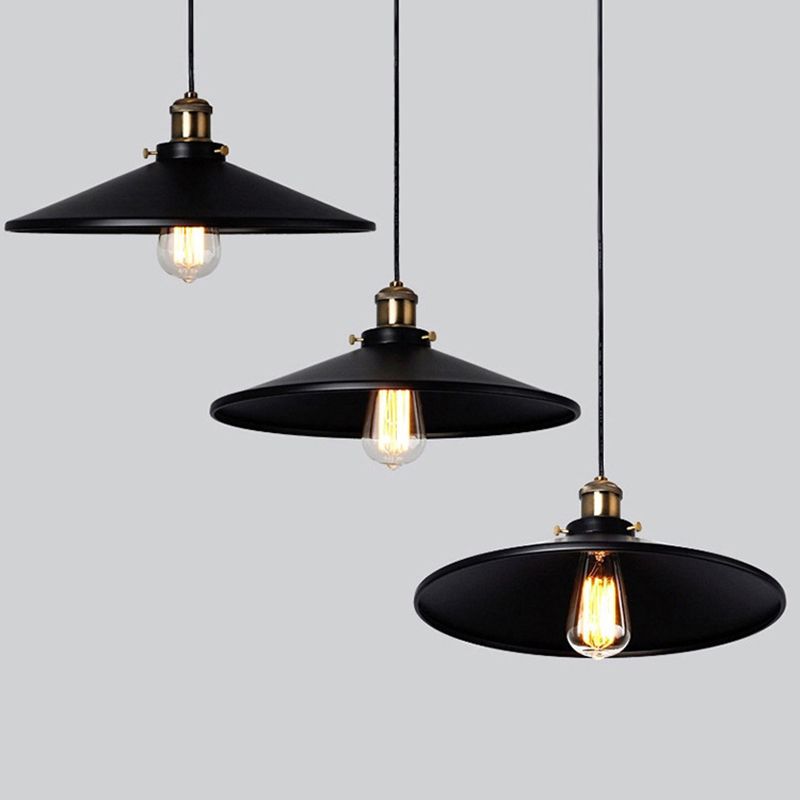 Enkele lamp zwart smeedijzeren hangende lichte kegel schaduw vintage industrie stijl verlichting met koperen lamphouder