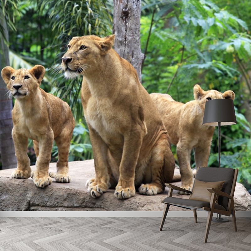 Green Tropical Wall Mural Decal Whole Lions in the Jungle Wall Art for Living Room