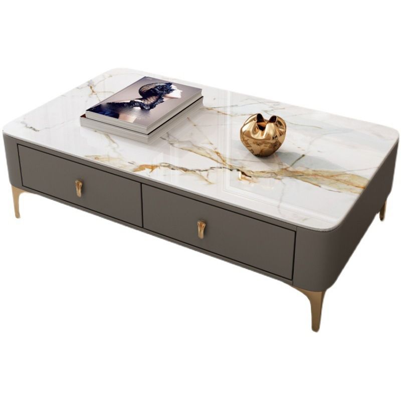 Modern Rectangular Stone Coffee Cocktail Table with Drawers, 47.2" W x 23.6" D x 15.7" H