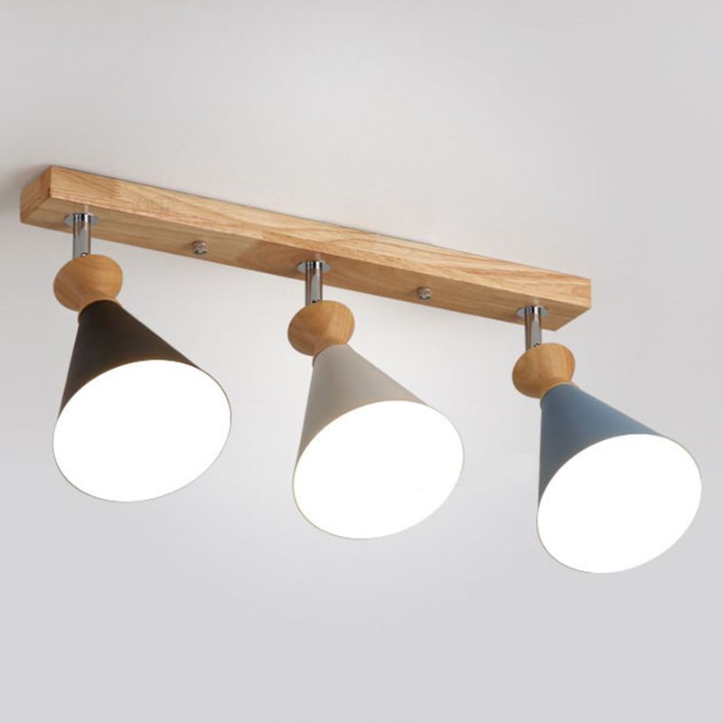 Lámpara de techo de 3 luces de hierro de estilo creativo moderno con montaje semi empotrado de cono de madera para comedor