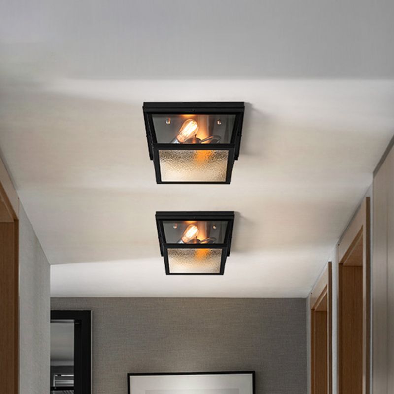 Industrial Squared Ceiling Lamp with Metal Frame Black 2 Lights Corridor Flush Mount Light