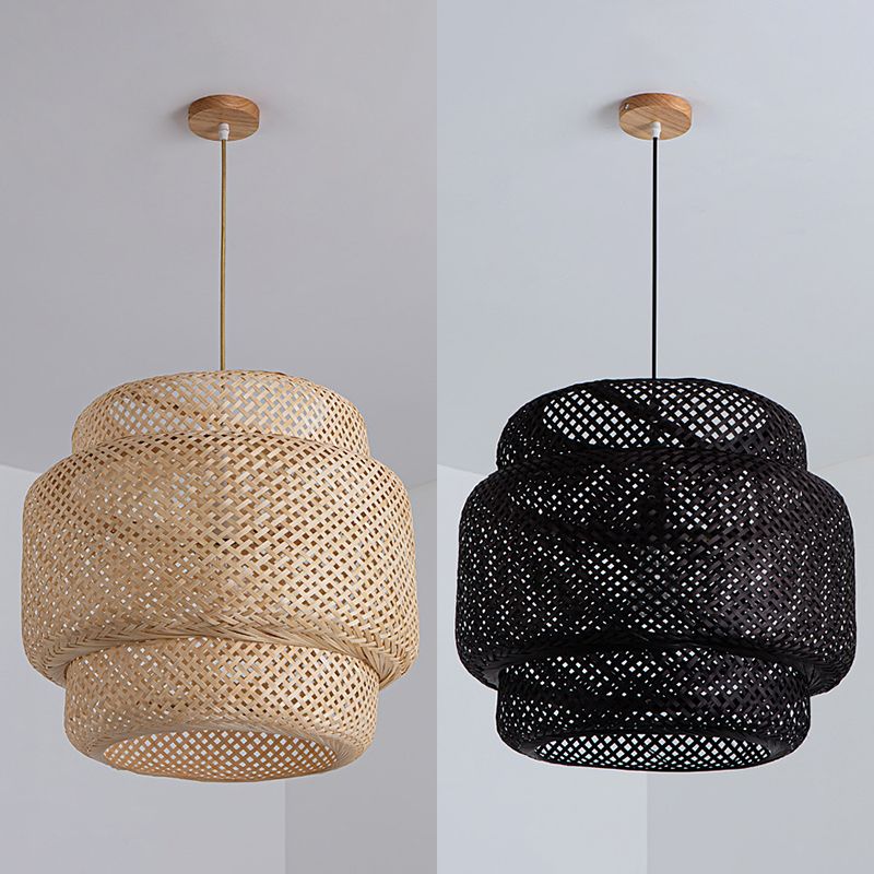 Lantern Bambus Rattan Form Anhänger Hängende Lampe Asien Stil 1 Licht hängende Deckenleuchte für Wohnzimmer