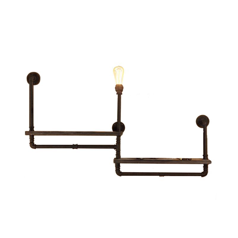 1/2-Bulb Wood Shelf Wall Lighting with Water Pipe Vintage Stylish Bronze Wall Mount Light for Living Room