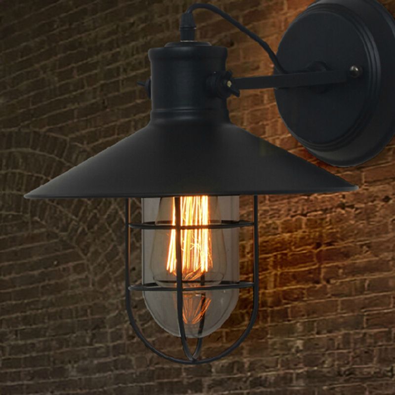 1 Light Flared Wall Mounted Light Fixture Industrial Style Metal Wall Sconce Lights in Black