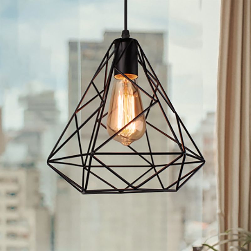 Diamond Shade Hanging Lighting Farmhouse Style Metal 1 Light Kitchen Ceiling Fixture with Wire Frame in Black