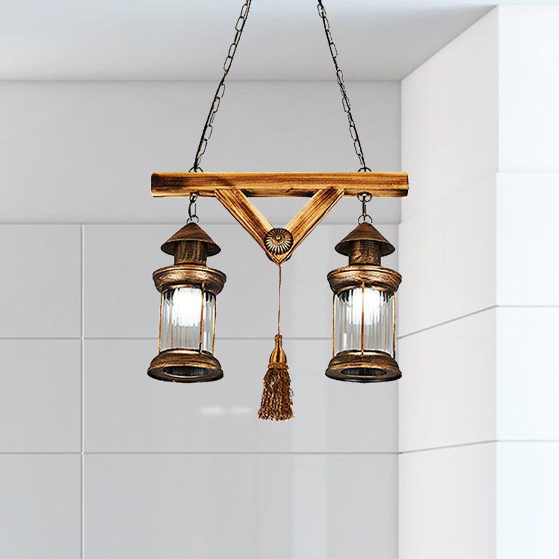 Aged Bronze 4-Light Island Light Fixture Coastal Prismatic Glass Lantern Pendant Lighting