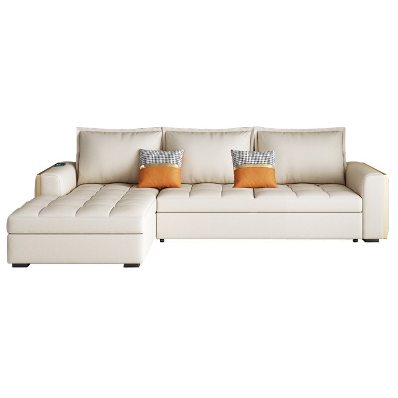 White Modern Sofa Bed with Storage USB Charging Convertible Sectional