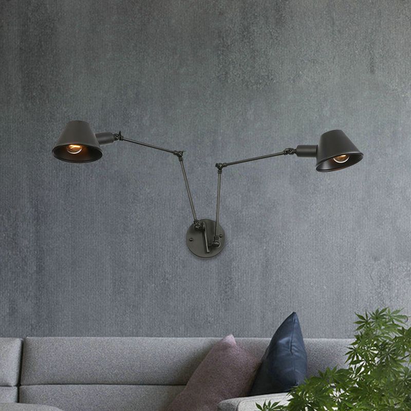 2/3 Lichten Iron SCONCE LICHTING Antiqued Black Finish Slaaparm Slaapkamer Wandlamp met belschaduw