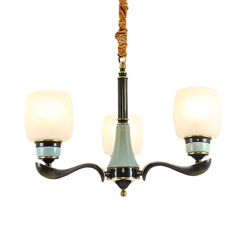 Black Bucket Hanging Chandelier Rural Style White Glass 3 Lights Dining Room Pendant Lighting Fixture