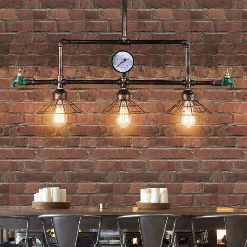 Cage Metal Hanging Island Light Industrial-Style Restaurant Island Chandelier Light in Rust
