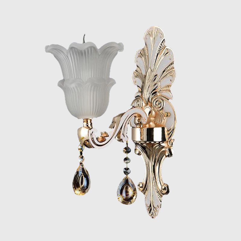 Lámpara de montaje de pared de floración tradicional 1/2 cabezas de cristal transparente de vidrio LED LIGHT en oro