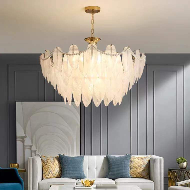Contemporary Indoor Hanging Light Glass Feather Chandelier for Living Room