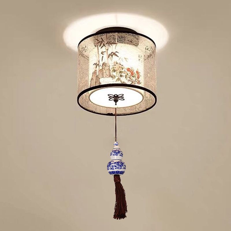 Quadratisch/Rund Flush Mount Licht Stoff Schatten Chinesische Stil Bündig Deckenleuchte