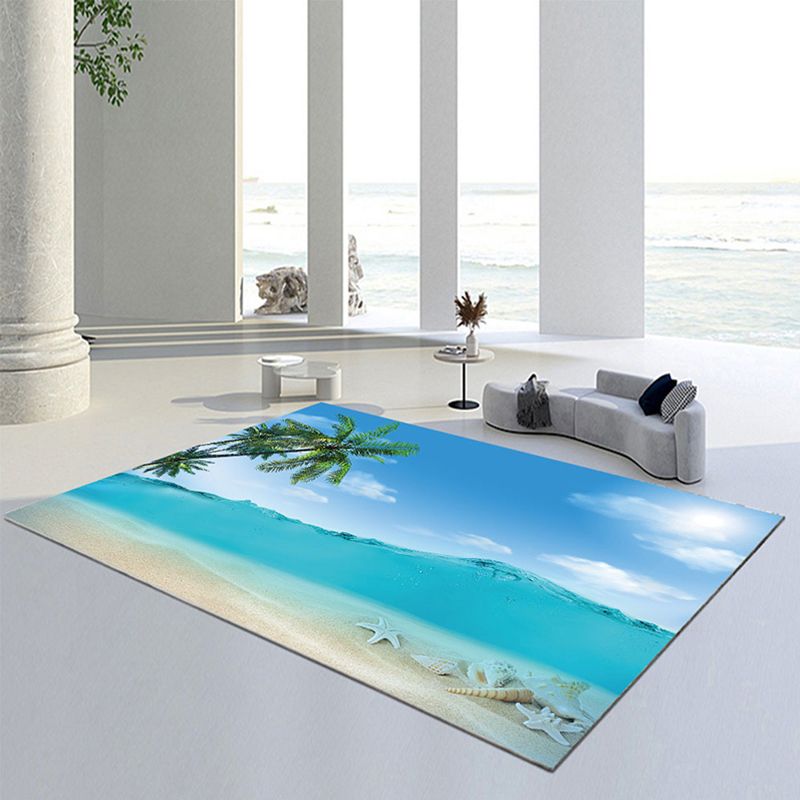 Blue Modern Rug Beach Pattern Polyester Rug Washable Rug for Living Room