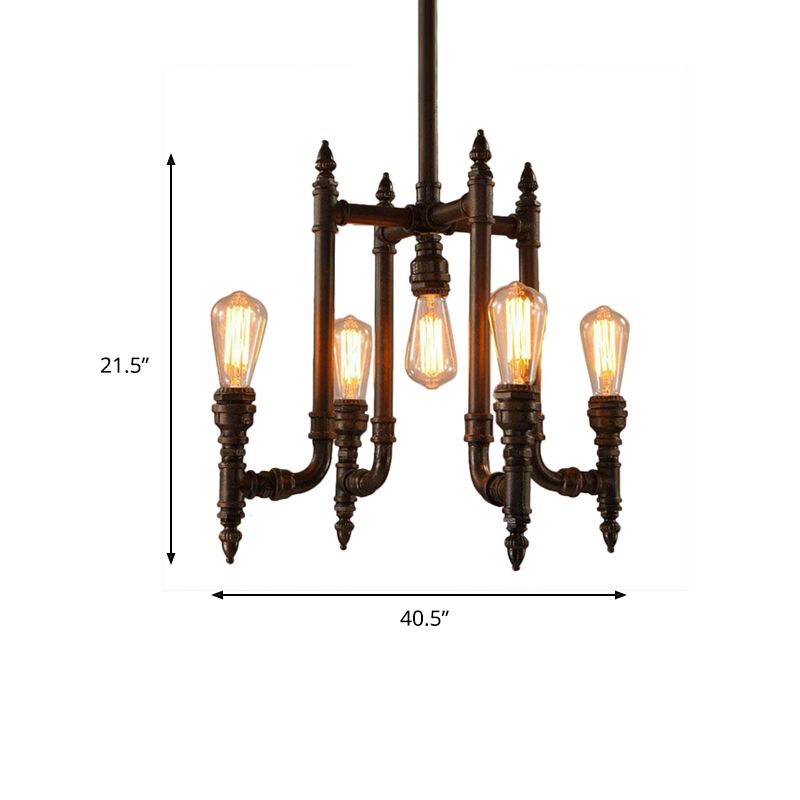 Rust 5 Bulbs Chandelier Lighting Antiqued Metallic Radial Pipe Ceiling Hang Fixture for Living Room