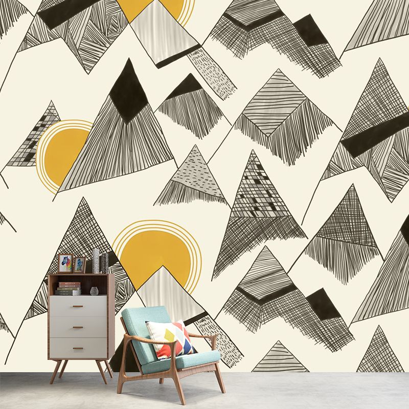 Full Size Art Deco Murals Wallpaper Yellow-Black Sun Behind Cone Mountain Drawing Wall Covering, Custom Print