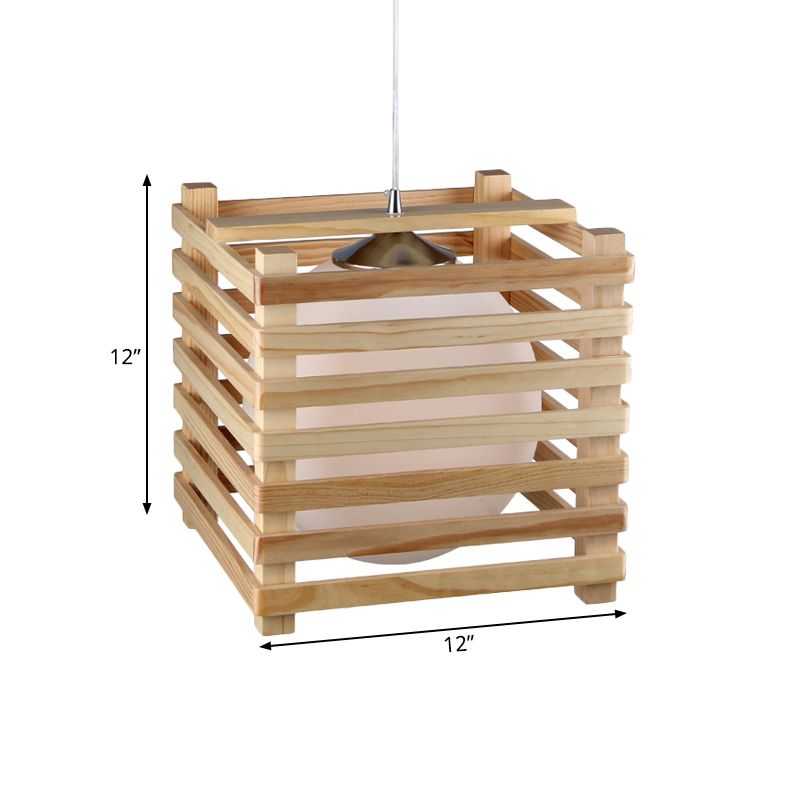 Japanese Globe White Glass Pendant 1 Light Hanging Lamp Kit with Wood Cubic Cage for Dining Room