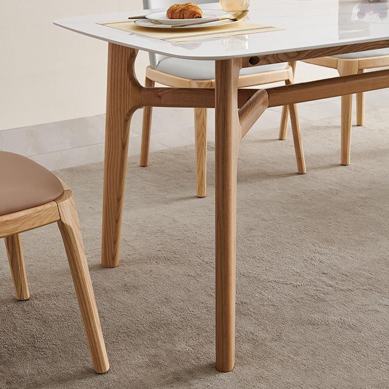 Modern White Stone Top Dinner Table Rectangle Natural Finish Legs Dinette Table
