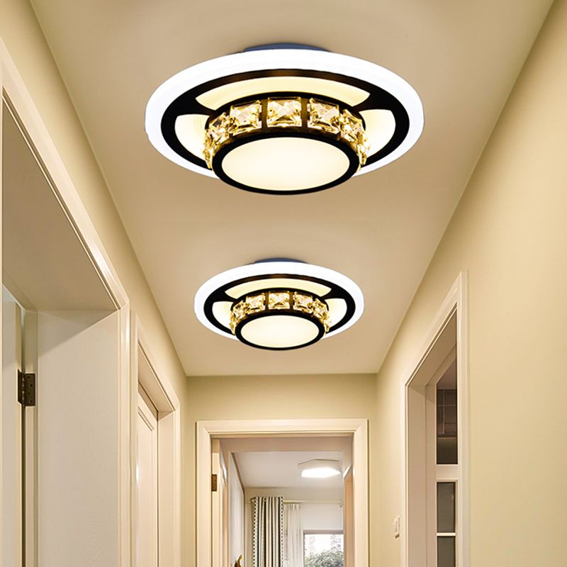 Round/Square Crystal Block Flush Mount Simplicity LED Black Close to Ceiling Lighting for Doorway