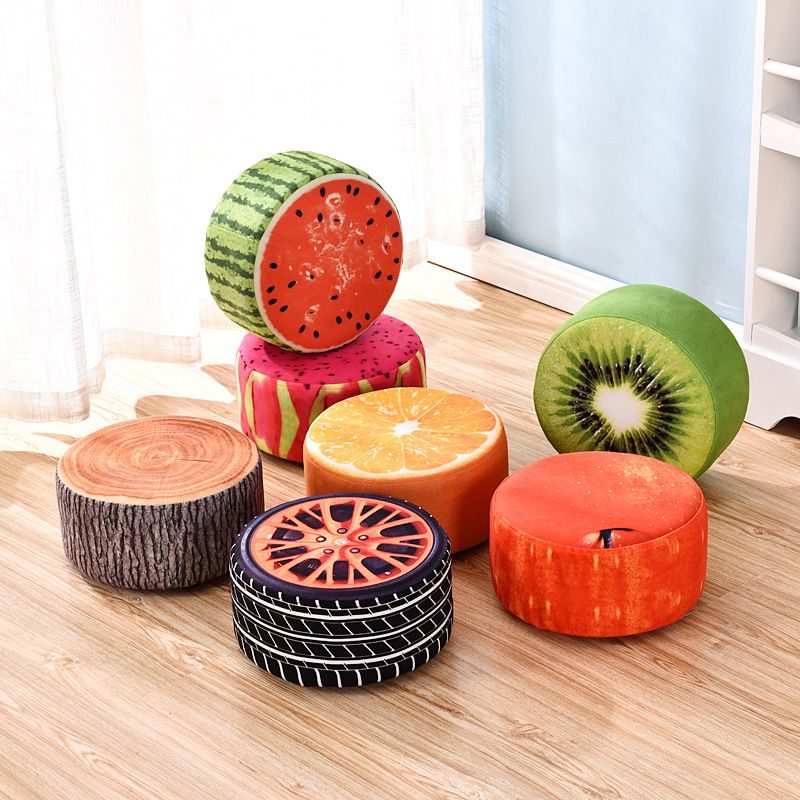 Round Pouf Upholstered Scratch Resistant Contemporary Fruit Printed Fabric Footstool