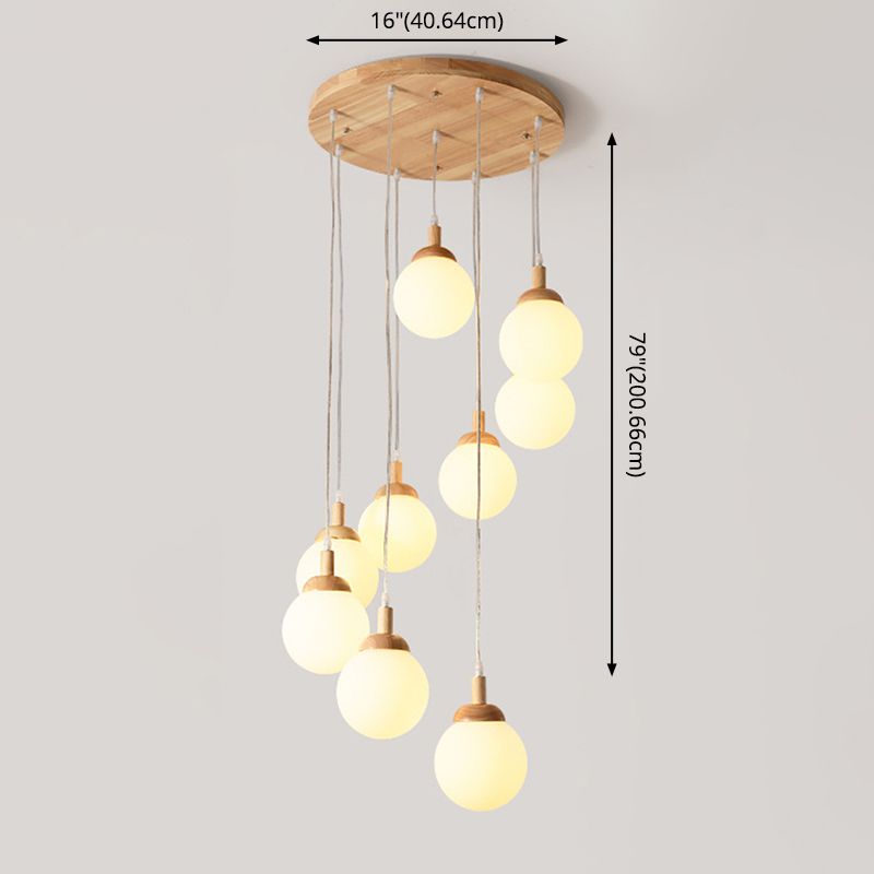 Spiral Stair Ceiling Pendant Simple Wood Multi Hanging Lamp with Ball White Glass Shade
