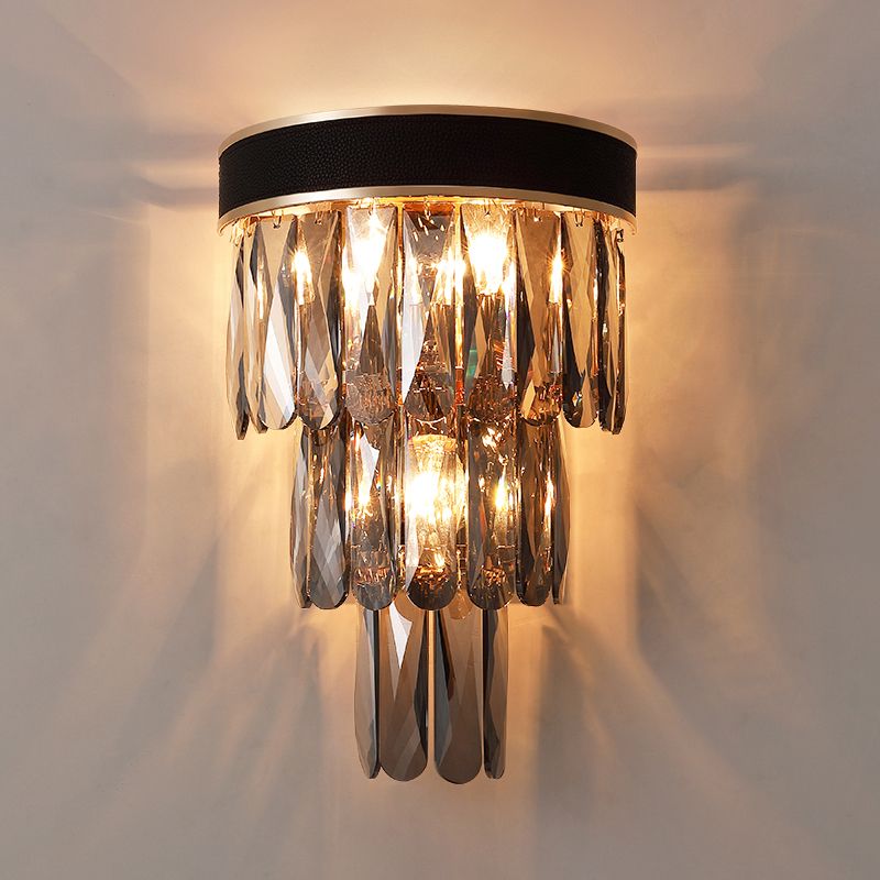 Minimalist 3-Bulb Flush Wall Sconce Black 3-Tier Wall Lighting with Crystal Shade