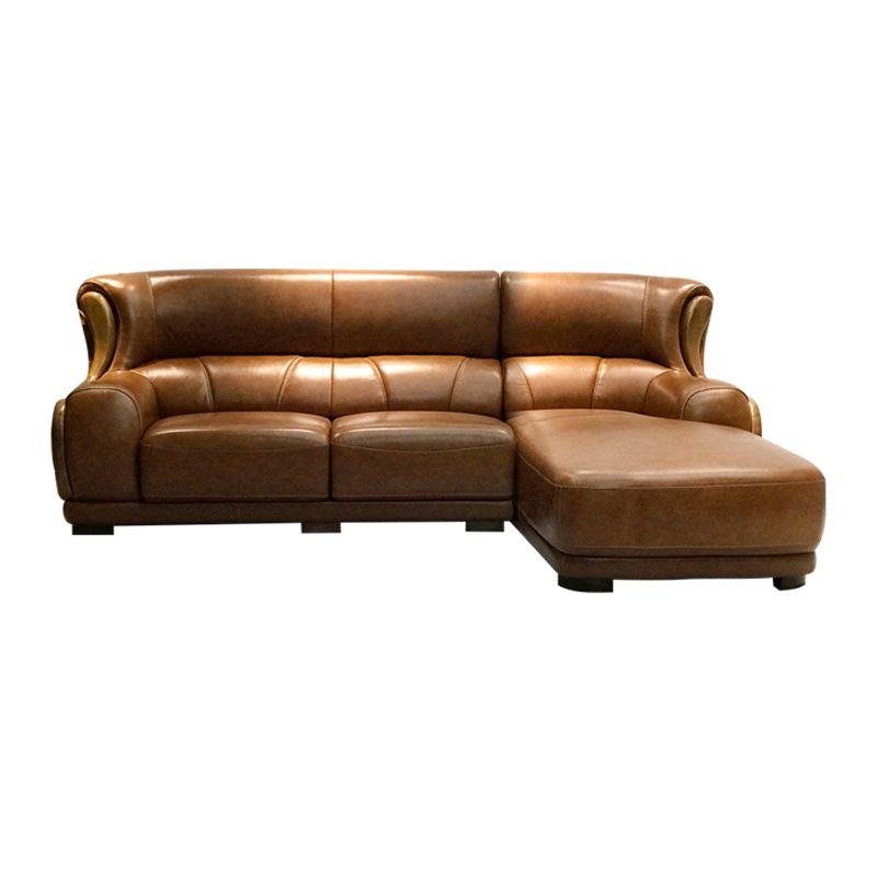 Genuine Leather Round Arm Sectionals Dark Brown 36.61"High Cushion Back Sofa