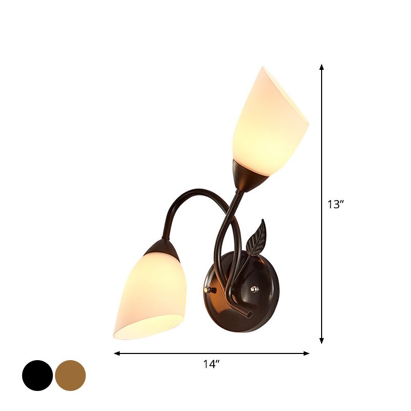Rustic Tulip Wall Sconce Light 2 Bulbs Opal Frosted Glass Wall Mounted Lamp in Black/Gold for Bedroom