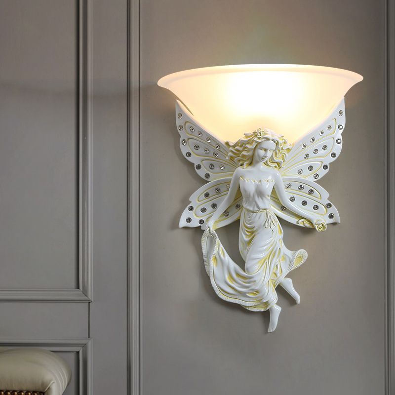 1 Light Wall Lighting Ideas Country Half-Bowl Opal Glass Wall Sconce in White/Gold with Right/Left Resin Angel
