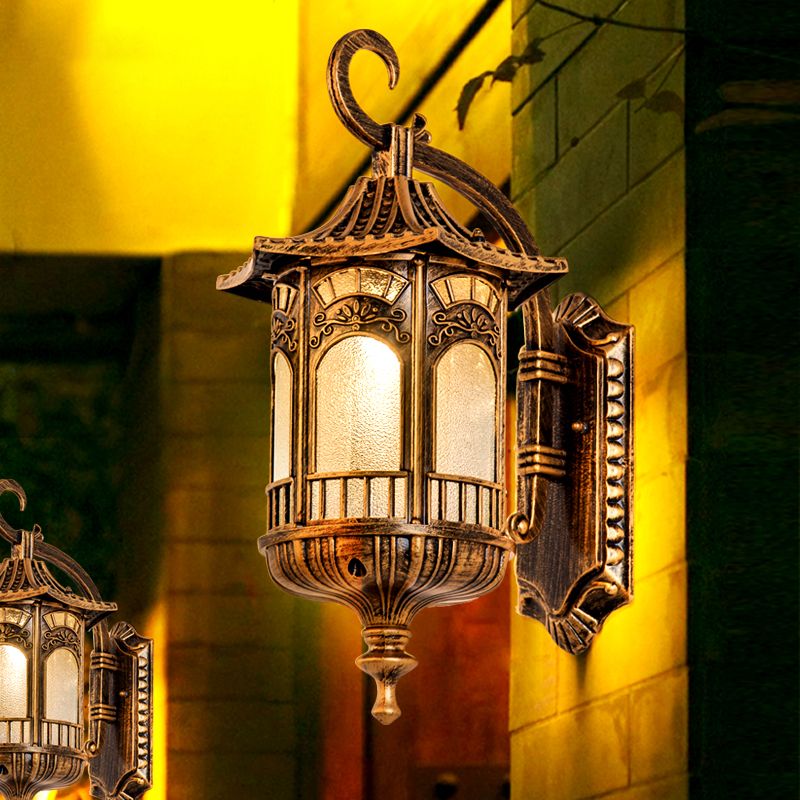 Metal Bronze Sconce Light Fixture Lantern 1 Head Rustic Wall Lighting with Frosted Glass Shade