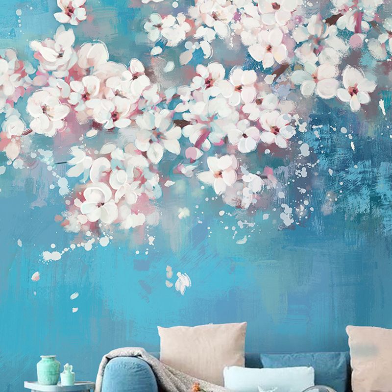 Full Size Cluster Flower Wall Mural Pink and Blue Non-Woven Fabric Wall Covering for Accent Wall, Custom Size Available