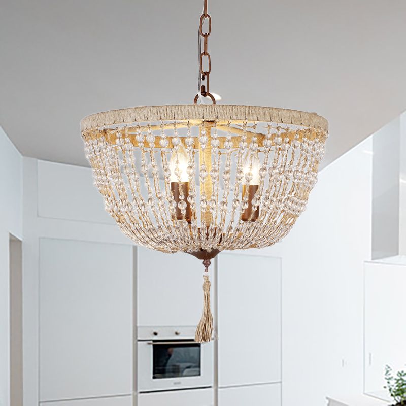 Lámpara de tazón de estilo lodge lámpara de cristal transparente 3 luces 3 luces colgantes colgantes con detalle de cuerda en marrón