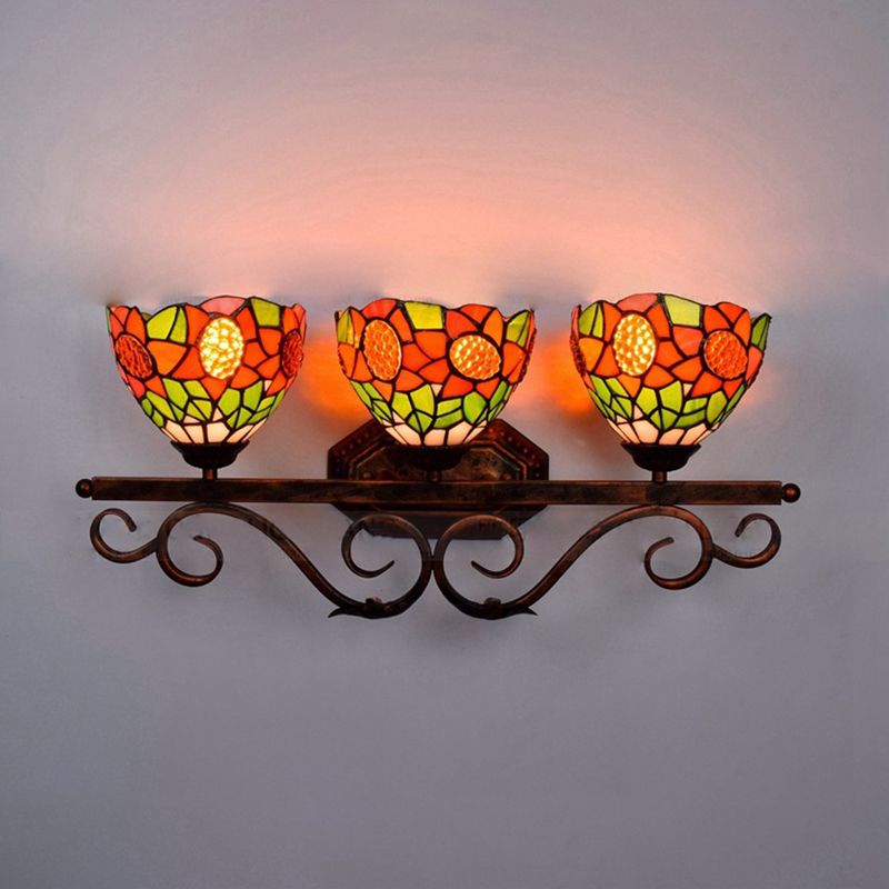 3 Heads Bowl Wall Light Fixture Baroque Orange Stained Glass Sconce Light with Sunflower Pattern