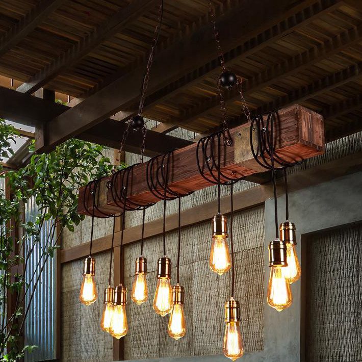 Linear Shape Pendant Light Modern Style Wood 10 Lights Hanging Lamp in Brown