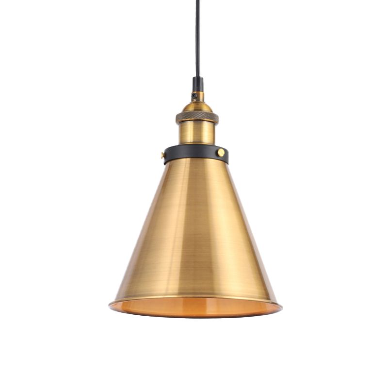 Antique Gold 1-Light Pendant Lighting Retro Iron Lid/Flat/Hammered Cone Hanging Light Fixture over Dining Table